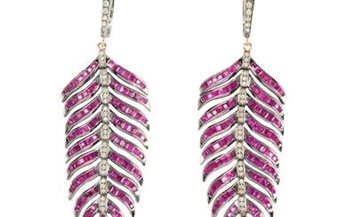 A pair of ruby, diamond, silver and 14k gold feather earrings