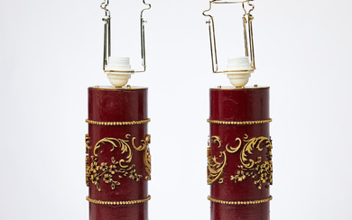 A pair of table lamps, second half of the 20th century, wood, painted in red with gilt decoration.