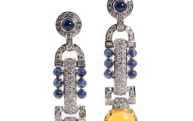A pair of white gold diamond, sapphire and citrine drop earrings