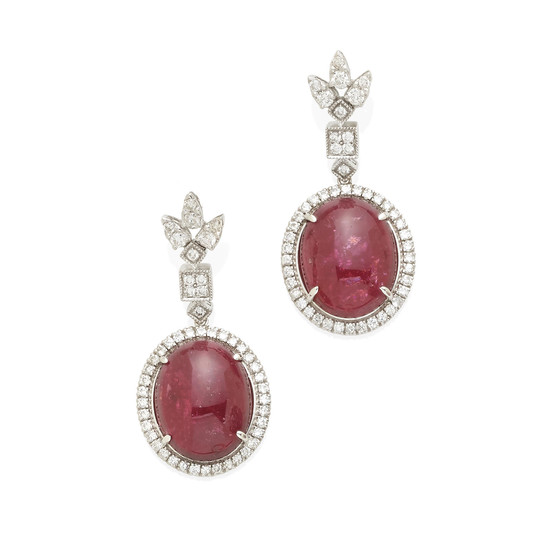 A pair of white gold, pink tourmaline and diamond ear pendants