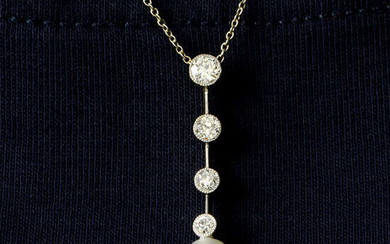 A pearl and graduated circular-cut diamond collet pendant, on chain.