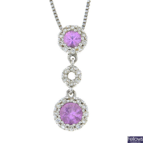A pink sapphire and brilliant-cut diamond cluster drop pendant, suspended from an 18ct gold box-link chain.