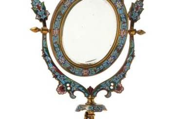 SOLD. A presumably French late 19th c. Belle Epoque gilt and enamelled bronze dressing mirror, white alabaster base. H. 39 cm. – Bruun Rasmussen Auctioneers of Fine Art