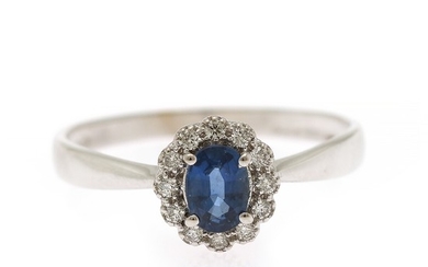 A sapphire and diamond ring set with an oval-cut sapphire encircled by numerous brilliant-cut diamonds, mounted in 18k white gold. Size 55.