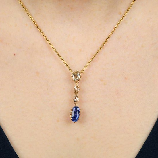 A sapphire, old and rose-cut diamond line pendant, on