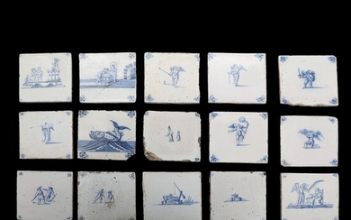 A selection of Dutch faience tiles, decorated in blue with sea monster,...
