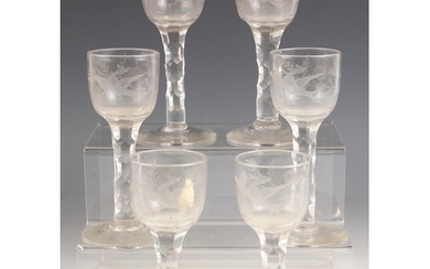 A set of six English etched glass cordial glasses, 19th cent...