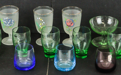 A set of six vintage green etched glass tumblers, four...