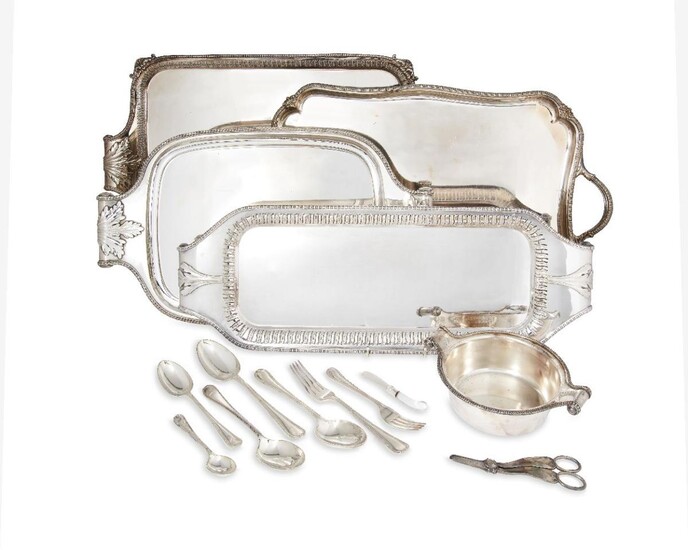 A set of three silver plated trays with scroll handles, of various sizes, each with pierced foliate edge and gadrooned rim, together with a circular dish of similar design; a further rectangular silver plated tray with twin handles; a small...