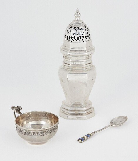 A silver caster, London, c.1933, Harrods, of octagonal form with pierced cap and stepped foot, 16.5cm high, together with a 19th century small silver cup with bird thumbpiece, probably German, and a silver coffee spoon by Turner & Simpson...