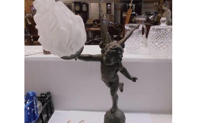 A table lamp on marble base featuring an cherub on a globe c...