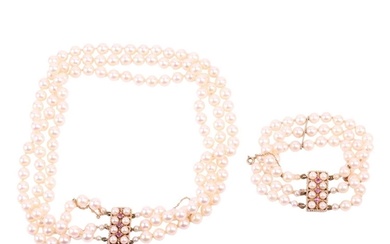 A three-strand pearl choker necklace and matching bracelet, ...