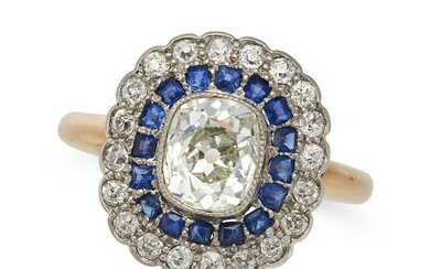 AN ANTIQUE DIAMOND AND SAPPHIRE CLUSTER RING in 18ct yellow gold, set with an old cut diamond of ...
