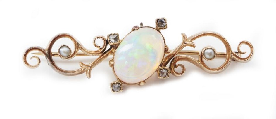 AN ANTIQUE OPAL, SEED PEARL AND DIAMOND BROOCH