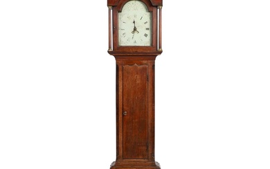AN EARLY 19TH CENTURY OAK AND MAHOGANY 30-HOUR LONGCASE CLOCK