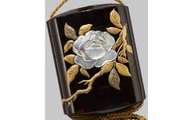 AN ELEGANT INLAID BLACK LACQUER FOUR-CASE INRO WITH CAMELLIA BLOSSOMS