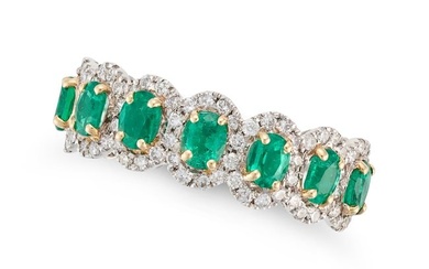 AN EMERALD AND DIAMOND HALF ETERNITY RING in 18ct white gold, half set with a row of oval cut