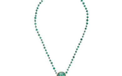 AN EMERALD AND DIAMOND PENDANT NECKLACE comprising a row of polished emerald beads, suspending three