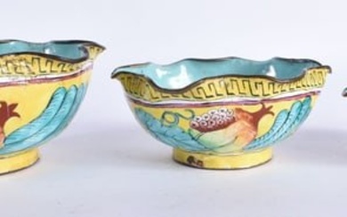 AN UNUSUAL SET OF THREE 19TH CENTURY CHINESE CANTON ENAMEL BOWLS Qing. Largest 13 cm wide. (3)