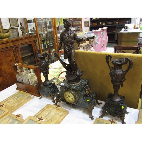 ANTIQUE CLOCK GARNITURE, a French coloured marble base 3 pie...