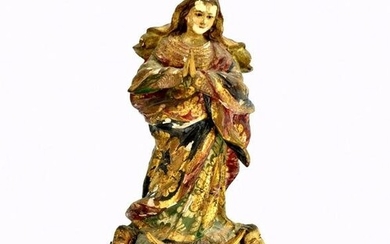 ANTIQUE ITALY 1800'S CARVED WOOD STATUE OF VIRGIN MARY