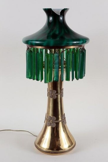 ART NOUVEAU BRASS TABLE LAMP GLASS SHADE C.1900