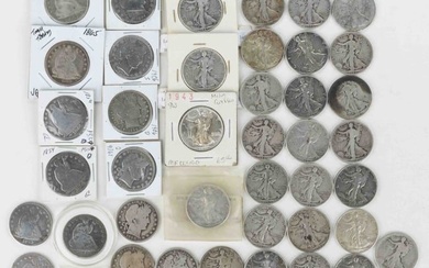 ASSORTED UNITED STATES SILVER HALF-DOLLAR COINS, LOT OF 47