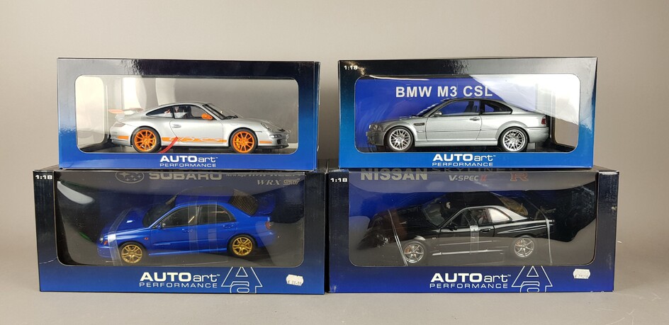 AUTO-ART - QUATRE voitures échelle 1/18 : 1x BMW M3 CSL 1x Porsche 997 GT3...