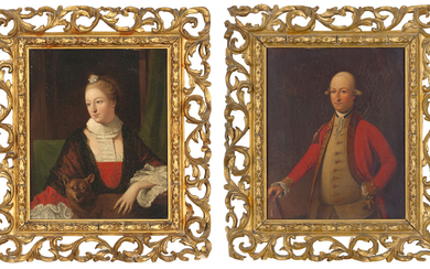 After Allan Ramsay, and after an earlier prototype, Portrait of Lady Louisa Lennox (1739-1830), small three-quarter-length, in a red dress and black lace shawl, with a dog; and Portrait of Lord George Lennox (1737-1805), small three-quarter-length, in...