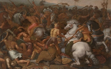 After Giulio Romano, Italian c.1499-1546- Battle of the Milvian Bridge; oil on canvas, 82.6 x 103 cm., (unframed). Note: The present work comprises a section of the original, larger fresco by Romano, executed at the Vatican, Rome in 1520-4. After...
