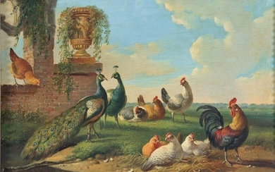 Albertus VERHOESEN (1806-1881) oil on wood "peacock roosters and hens"