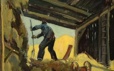 Alexander Oscar Levy (American, 1881-1947), Barn Interior with Man Shoveling Hay