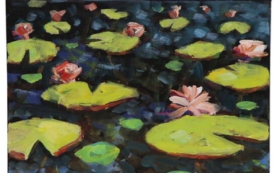 Amelia Colne Acrylic Painting of Lily Pads, 21st Century