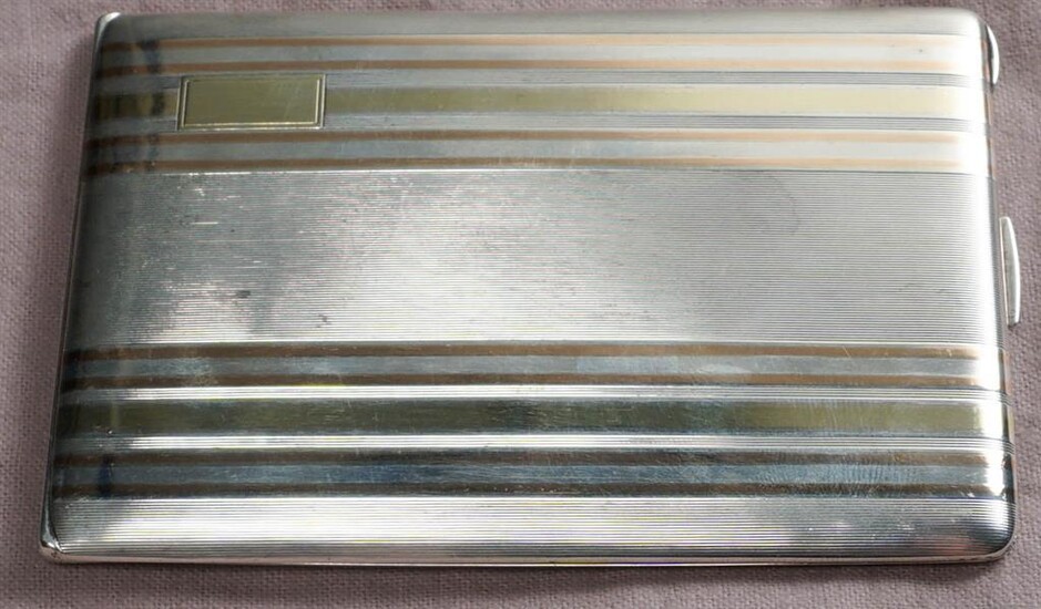 American Art Deco Sterling Silver and 14-Karat Gold Threaded Cigarette Case, L: 4-5/8 in, 4.1 oz