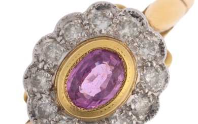 An 18ct gold pink sapphire and diamond flowerhead cluster ri...