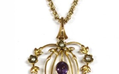 An Edwardian gold amethyst and split pearl pendant