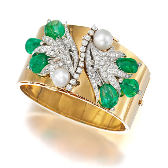 An Emerald, Natural Pearl, Diamond, and Bi-Colored Gold Double-Clip/Bracelet