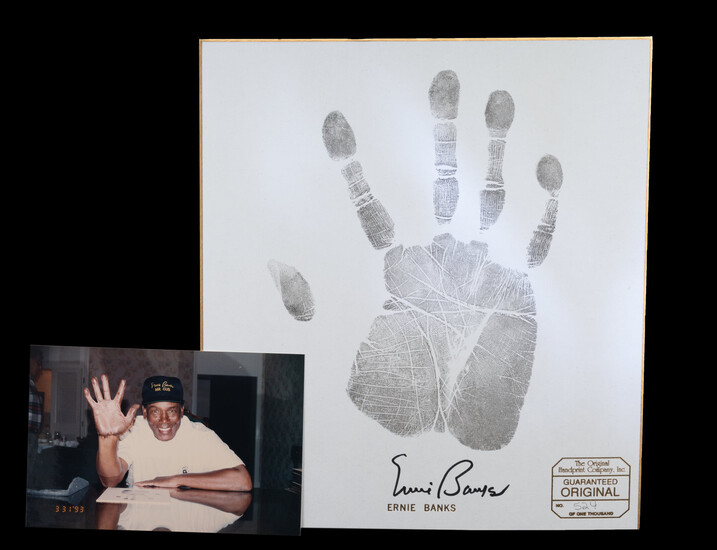 An Ernie Banks Signed Autograph Original Handprint Company Signed Handprint Display