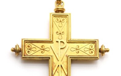 An Etruscan archaeological revival hollow Latin cross pendant, c.1860
