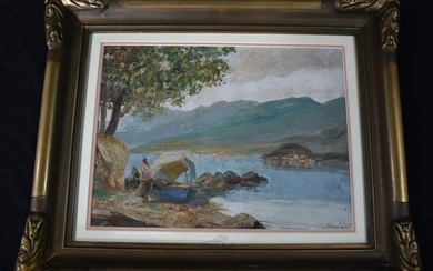 An Italian 20th Century framed oil on canvas of a lake scene signed Maziani 27 x 37 cm