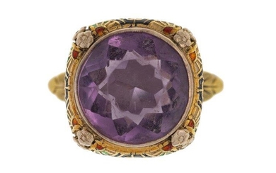 An amethyst ring, collet set with a circular-cut amethyst to a foliate enamel decorated mount, rings size P