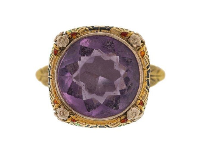 An amethyst ring, collet set with a circular-cut amethyst to a foliate enamel decorated mount, rings size P