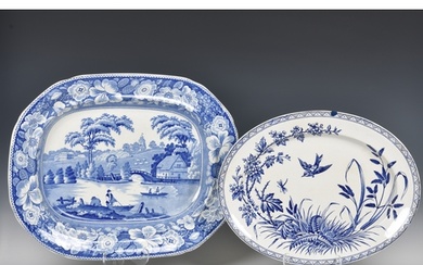 An early 19th century large blue and white pottery meat plat...