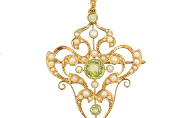 An early 20th century 15ct gold peridot and seed pearl pendant