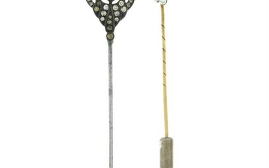 An early 20th century 15ct gold seed pearl trefoil stick pin, together with a similarly aged silver