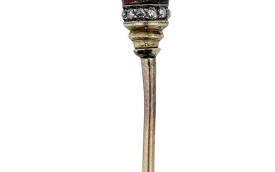 An early 20th century agate, diamond end enamel stickpin, the terminal with...