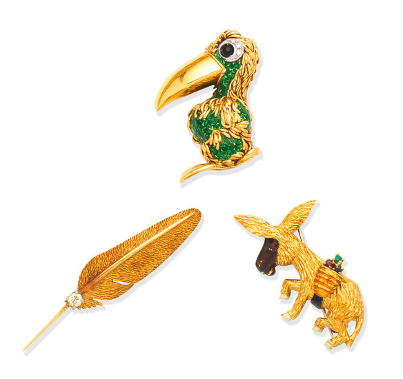 An enamel and gem-set toucan brooch, by Frascarolo, circa 1965, a gold, enamel and gem-set donkey brooch, by Ben Rosenfeld, 1968, and a gold and diamond feather brooch, by Deakin and Francis, 1973