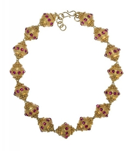 An garnet-set gold bead necklace, South India,...