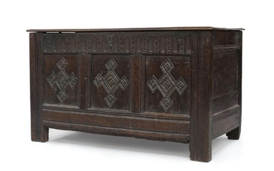 An oak coffer, 17th century and later, with hinged top above a three-panelled front and panelled sides, 65cm high, 112cm wide, 56cm deep