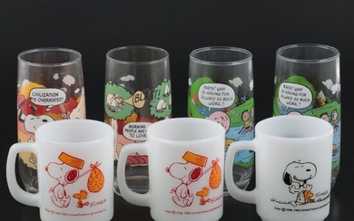 Anchor Hocking Fire King "Snoopy" Mugs with McDonald's "Camp Snoopy" Tumblers